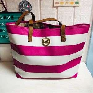 Michael Kors Pink Stripe Tote Jet Set Saffiano Leather Travel MK